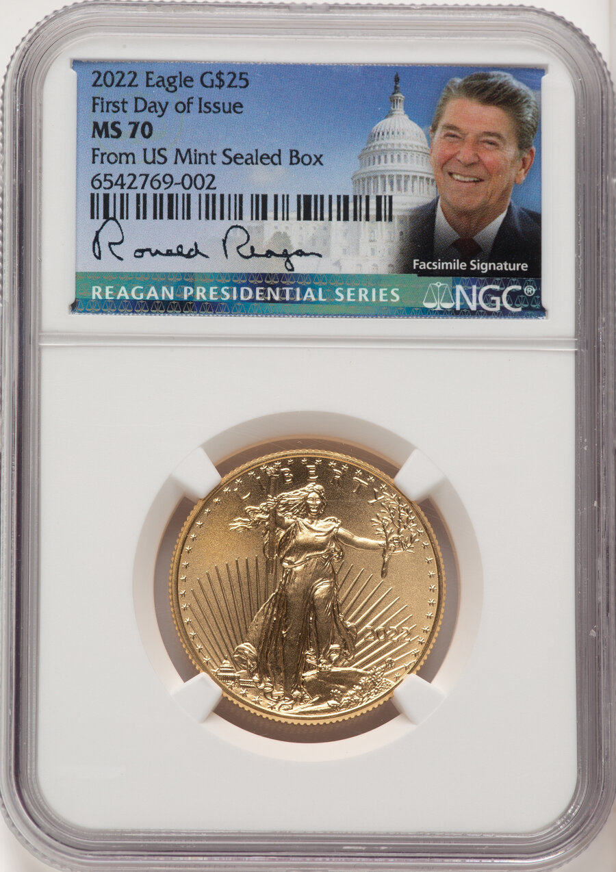 image for: 2022 $25 Half-Ounce Gold Eagle, First Day of Issue, From US Mint Sealed Box, MS70 NGC. Facsimile Signature, Ronald Reagan....