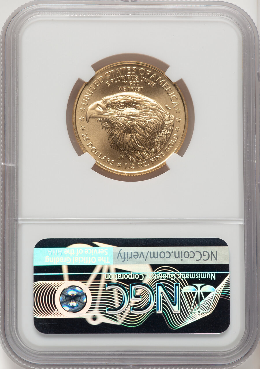 image for: 2021 $25 Half-Ounce Gold Eagle, Type Two Eagle Portrait, First Day of Issue, MS70 NGC. Reagan Presidential Series. Facsimil...