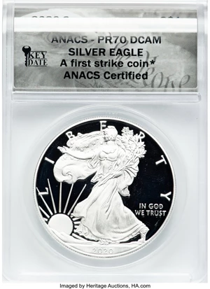 image for: 2020-S $1 Silver Eagle, A First Strike Coin, PR70 Deep Cameo ANACS. Ex: Key Date. ANACS Certified....