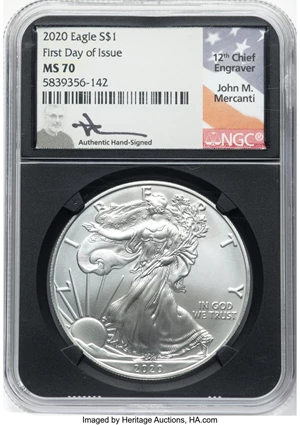 image for: 2020 $1 Silver Eagle, First Day of Issue MS70 NGC. Hand-signed, John M. Mercanti....