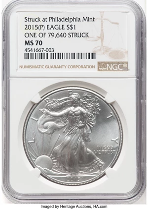 image for: 2015-(P) $1 Silver Eagle, Struck at Philadelphia Mint, MS70 NGC. 1 of 79,640 Struck....