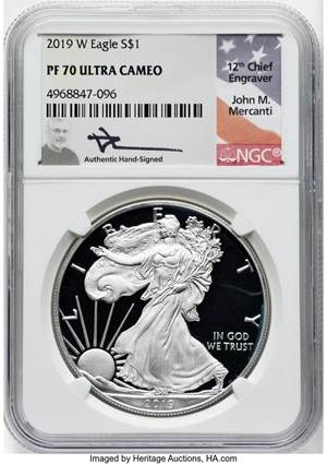 image for: 2019-W $1 Silver Eagle PR70 Ultra Cameo NGC. Authentic Hand-Signed, John M. Mercanti. NGC Census: (25130). PCGS Population:...