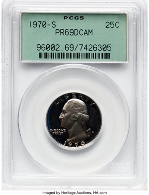image for: 1970-S 25C PR69 Deep Cameo PCGS. Housed in a Generation 3.0 green label holder. PCGS Population: (59/0). NGC Census: (49/0...
