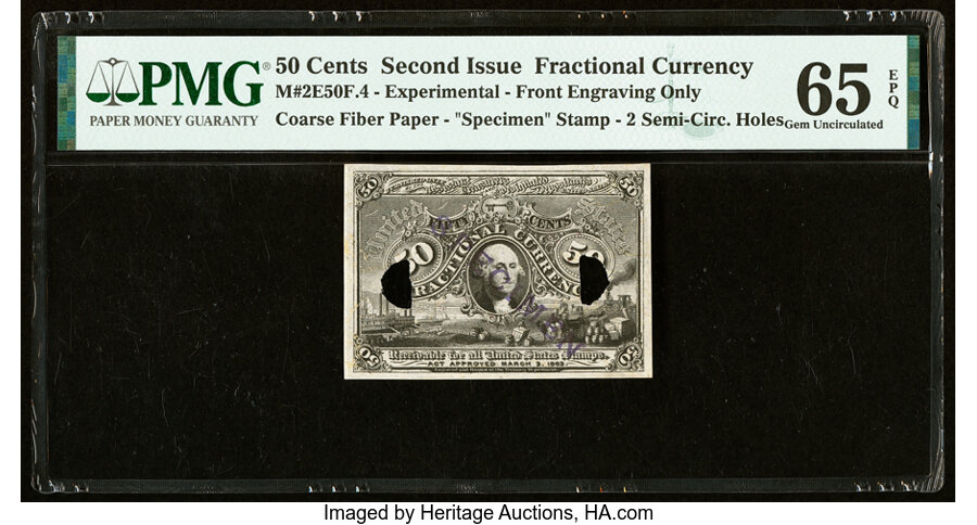 image for: Milton 2E50F.4 50¢ Second Issue Experimental Front PMG Gem Uncirculated 65 EPQ....
