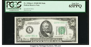 image for: Fr. 2104-L $50 1934B Mule Federal Reserve Note. PCGS Gem New 65PPQ....