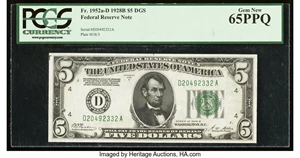 image for: Fr. 1952-D $5 1928B Federal Reserve Note. PCGS Gem New 65PPQ....