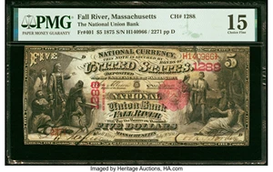 image for: Fall River, MA - $5 1875 Fr. 401 The National Union Bank Ch. # 1288 PMG Choice Fine 15....