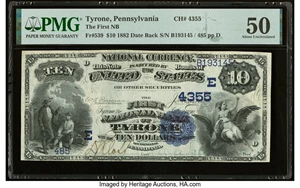 image for: Tyrone, PA - $10 1882 Date Back Fr. 539 The First National Bank Ch. # (E)4355 PMG About Uncirculated 50....