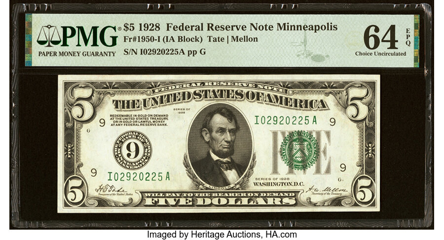 image for: Fr. 1950-I $5 1928 Federal Reserve Note. PMG Choice Uncirculated 64 EPQ....