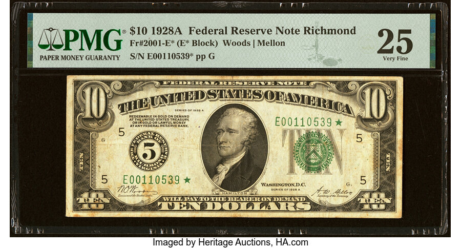 image for: Fr. 2001-E* $10 1928A Federal Reserve Star Note. PMG Very Fine 25....