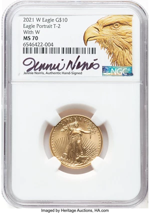 image for: 2021-W $10 Quarter Ounce Gold Eagle, Type Two, Unfinished Proof Dies, With W MS70 NGC. Jennie Norris, Authentic Hand-Signed...