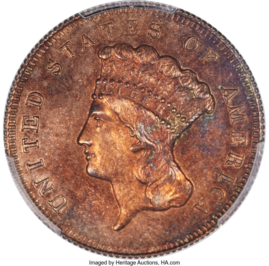image for: 1873 $3 Three Dollar, Judd-1335, Pollock-1479, High R.7, PR63 Red and Brown PCGS....