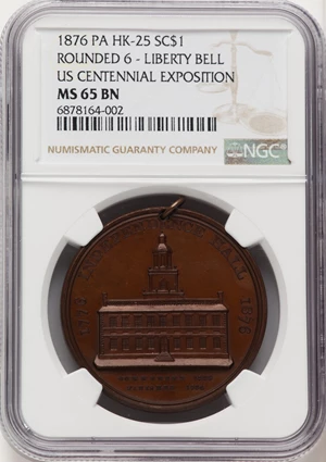 image for: 1876 U.S. Centennial Exposition, Liberty Bell Dollar, Copper, HK-25, SH 2-4 CU, R.5, MS65 Brown NGC. NGC Census: (12/6)....