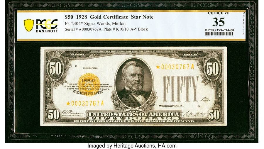 image for: Fr. 2404* $50 1928 Gold Certificate Star. PCGS Banknote Choice VF 35 Details....
