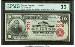 image for: Topeka, KS - $10 1902 Red Seal Fr. 613 The Central National Bank Ch. # (W)3078 PMG Choice Very Fine 35....