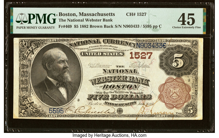 image for: Boston, MA - $5 1882 Brown Back Fr. 469 The National Webster Bank Ch. # 1527 PMG Choice Extremely Fine 45....