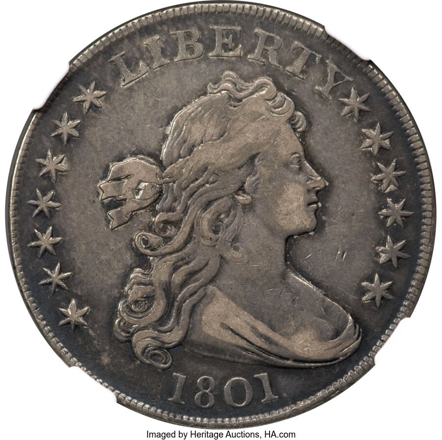 image for: 1801 $1 B-2, BB-212, R.3, XF40 NGC. Bowers Die State III, with a single "collar" die clash at Liberty's bust. The obverse e...