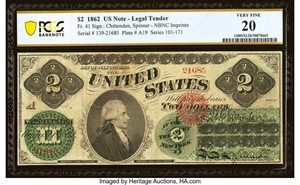 image for: Fr. 41 $2 1862 Legal Tender PCGS Banknote Very Fine 20....