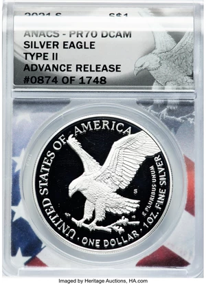 image for: 2021-S $1 Silver Eagle, Type Two, Advanced Release, PR70 Deep Cameo ANACS. #0874 of 1748....
