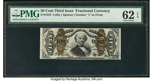 image for: Fr. 1333 50¢ Third Issue Spinner PMG Uncirculated 62 EPQ....