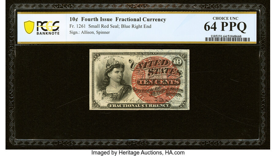 image for: Fr. 1261 10¢ Fourth Issue PCGS Banknote Choice Unc 64 PPQ....
