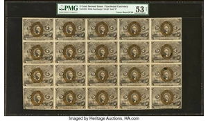 image for: Fr. 1234 5¢ Second Issue Full Sheet of 20 PMG About Uncirculated 53 Net....
