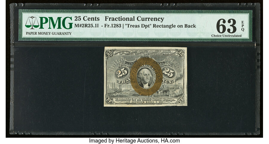 image for: "Treas Dpt" Rectangle Fr. 1283 Milton 2R25.1l 25¢ Second Issue PMG Choice Uncirculated 63 EPQ....
