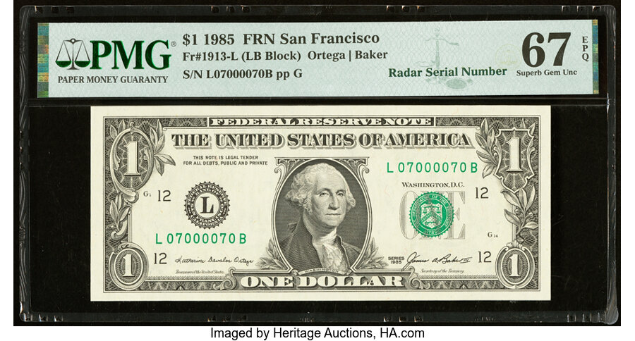 image for: Radar Serial Number 07000070 Fr. 1913-L $1 1985 Federal Reserve Note. PMG Superb Gem Unc 67 EPQ....