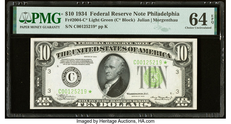 image for: Fr. 2004-C* $10 1934 Light Green Seal Federal Reserve Star Note. PMG Choice Uncirculated 64 EPQ....
