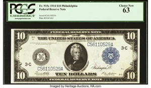 image for: Fr. 915c $10 1914 Federal Reserve Note PCGS Choice New 63....