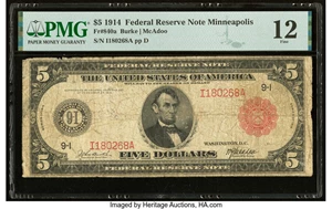 image for: Fr. 840a $5 1914 Red Seal Federal Reserve Note PMG Fine 12....