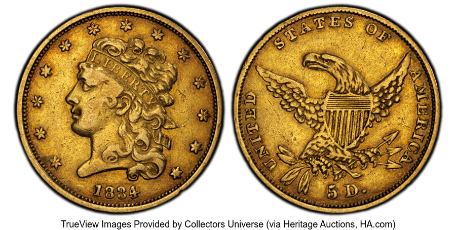 image for: 1834 $5 Classic Head, Plain 4, HM-7, R.3, XF40 PCGS.  Mintage 657,460....