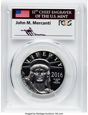 image for: 2016-W $100 One-Ounce Platinum Eagle, Statue of Liberty, First Day Issue Mercanti Signature PR70 Deep Cameo PCGS. PCGS Popu...