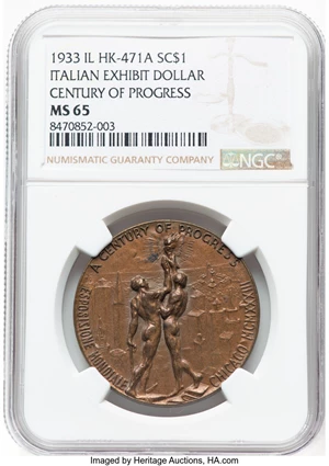 image for: 1933 Century of Progress Exposition, Italian Exhibit Dollar, Bronze, HK-471a, R.4, MS65 NGC. Chicago, IL. Census: 13 in 65, ...