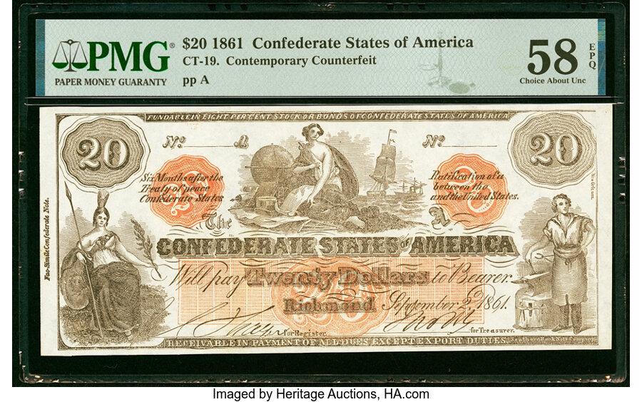 image for: CT19/137A Counterfeit $20 1861 PMG Choice About Unc 58 EPQ....