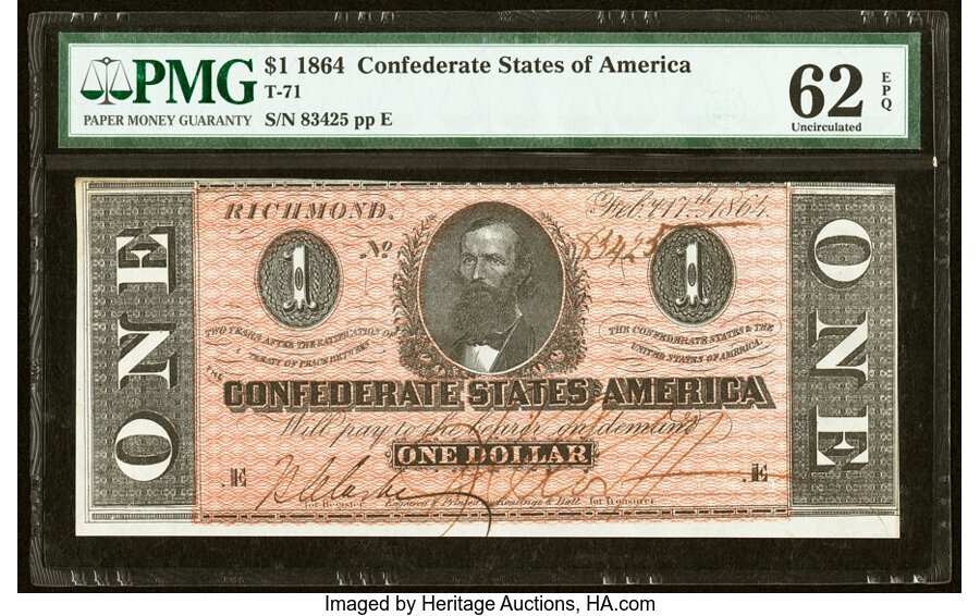 image for: T71 $1 1864 PF-12 Cr. 574 PMG Uncirculated 62 EPQ....