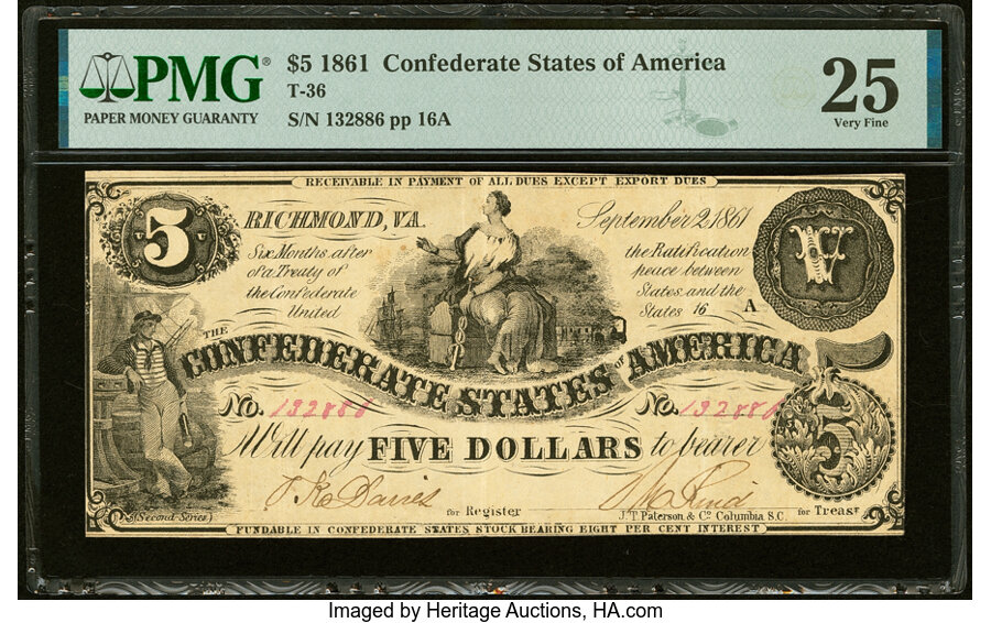 image for: "Reissued Oct. 1, 1863 Shreveport, LA" T36 $5 1861 PF-4 Cr. 278 PMG Very Fine 25....