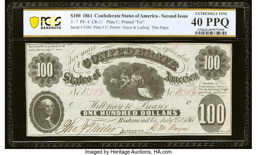 image for: T7 $100 1861 PF-4 Cr. 11 PCGS Banknote Extremely Fine 40 PPQ....