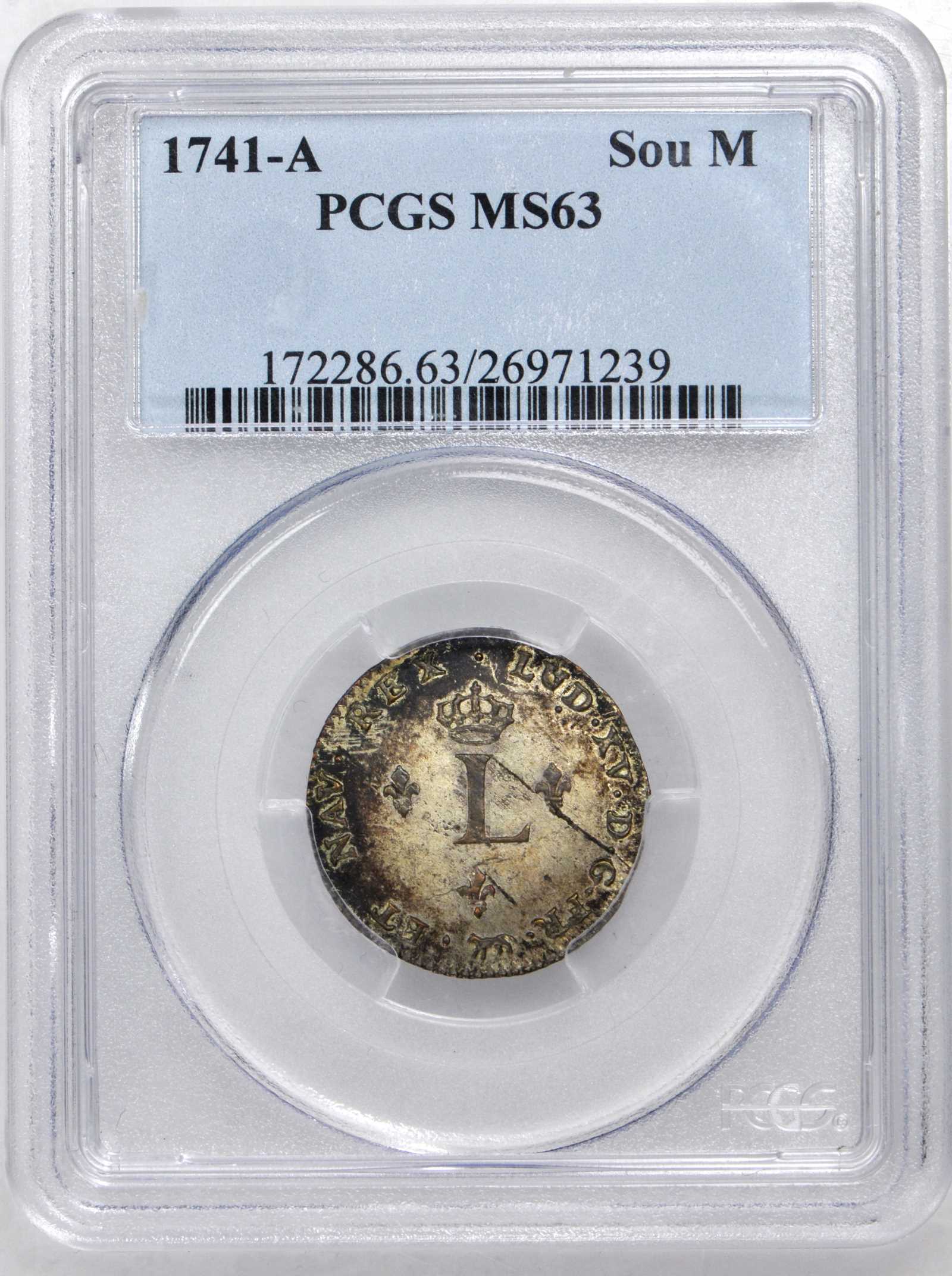 image for: 1741-A Sou Marque. Paris Mint. Vlack-20a. Rarity-5. Second Semester. MS-63 (PCGS).