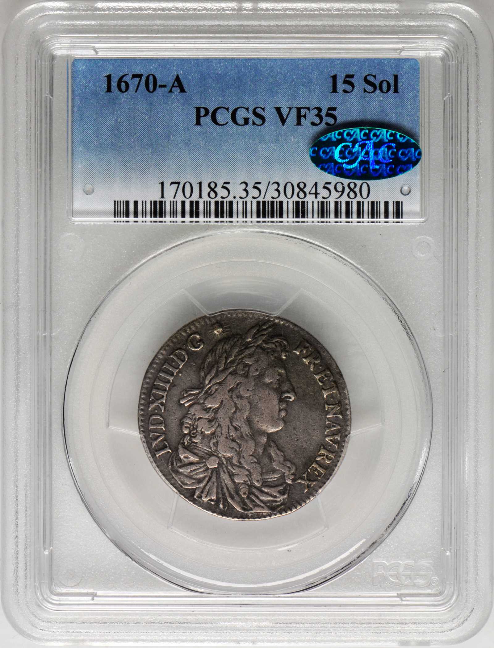 image for: 1670-A 15 Sols. Paris Mint. Hodder-4. VF-35 (PCGS). CAC.
