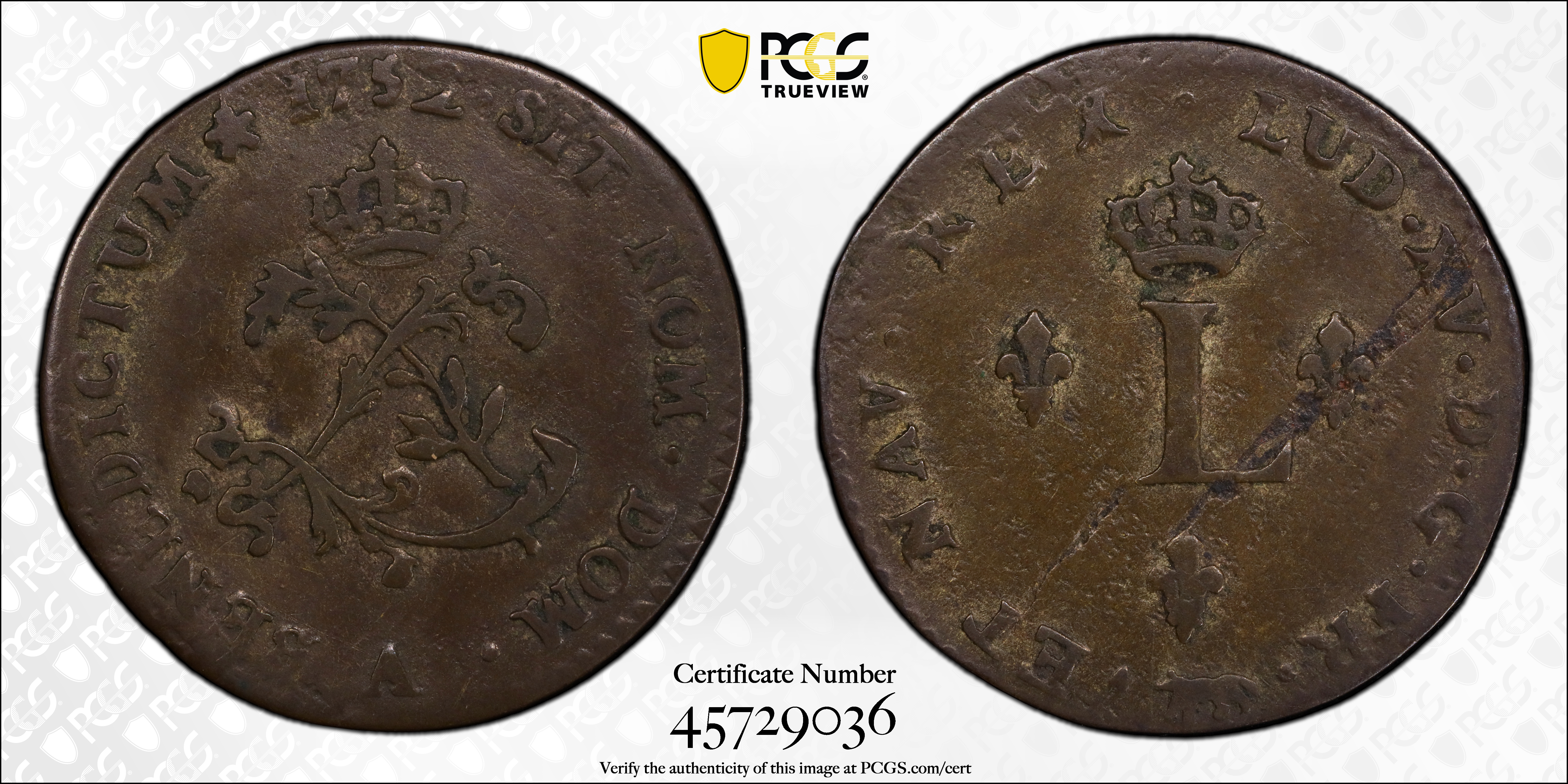 image for: 1752-A Sou Marque. Paris Mint. Vlack-32. Rarity-8. First Semester. EF-40 (PCGS).