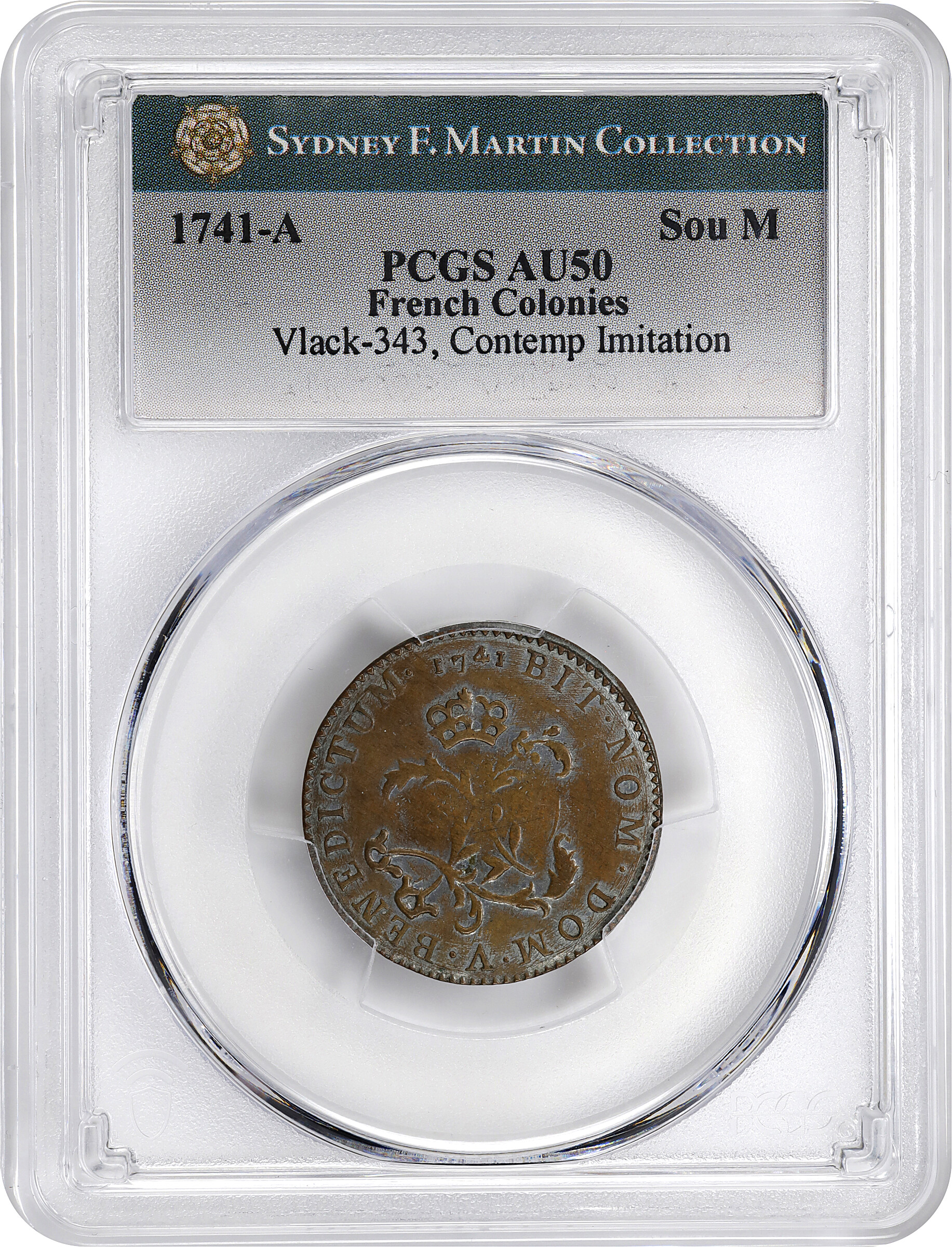 image for: Contemporary Counterfeit 1741-A Sou Marque. In Imitation of Paris Mint. Vlack-343. Rarity-3. AU-50 (PCGS).