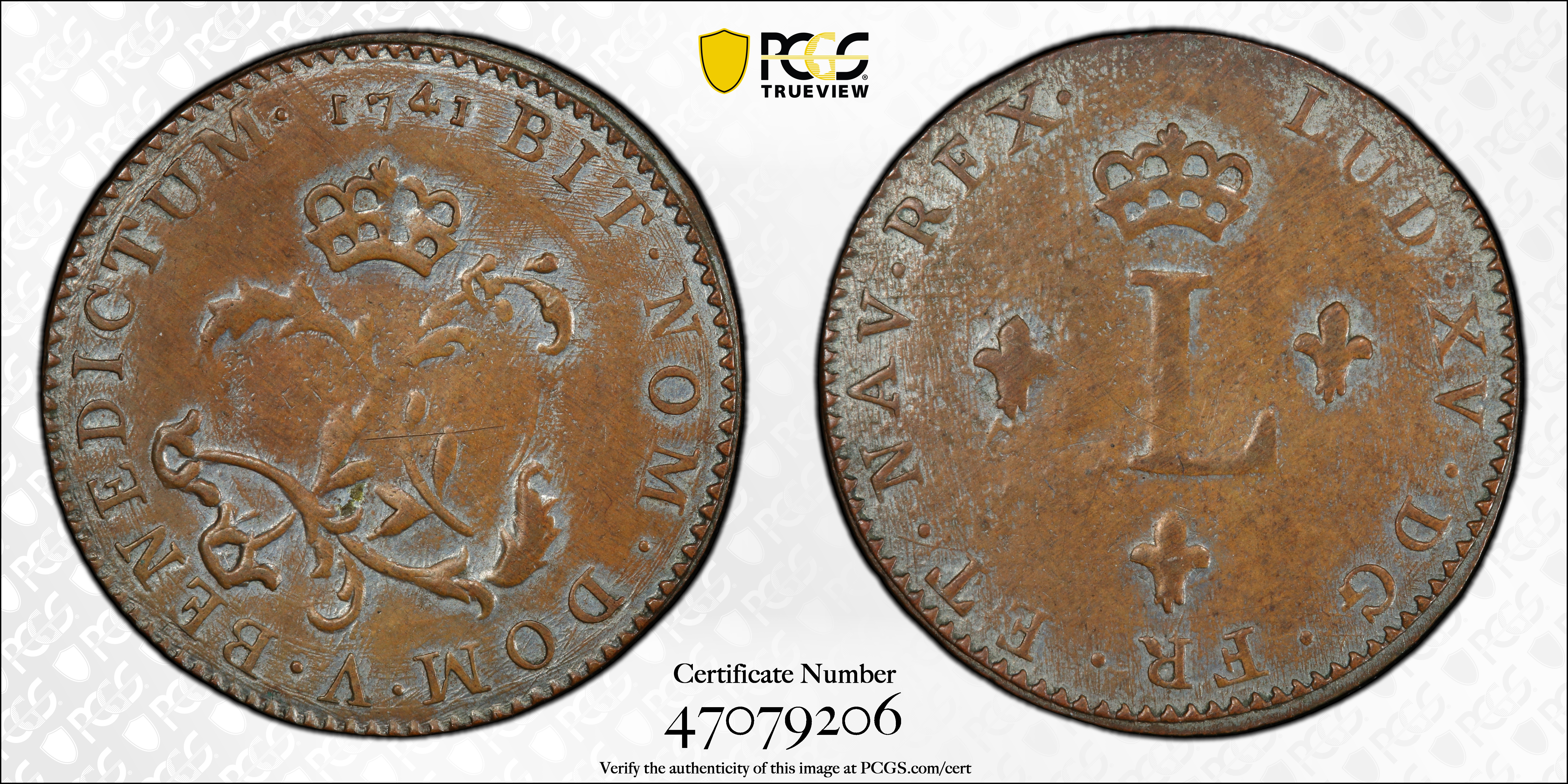 image for: Contemporary Counterfeit 1741-A Sou Marque. In Imitation of Paris Mint. Vlack-343. Rarity-3. AU-50 (PCGS).