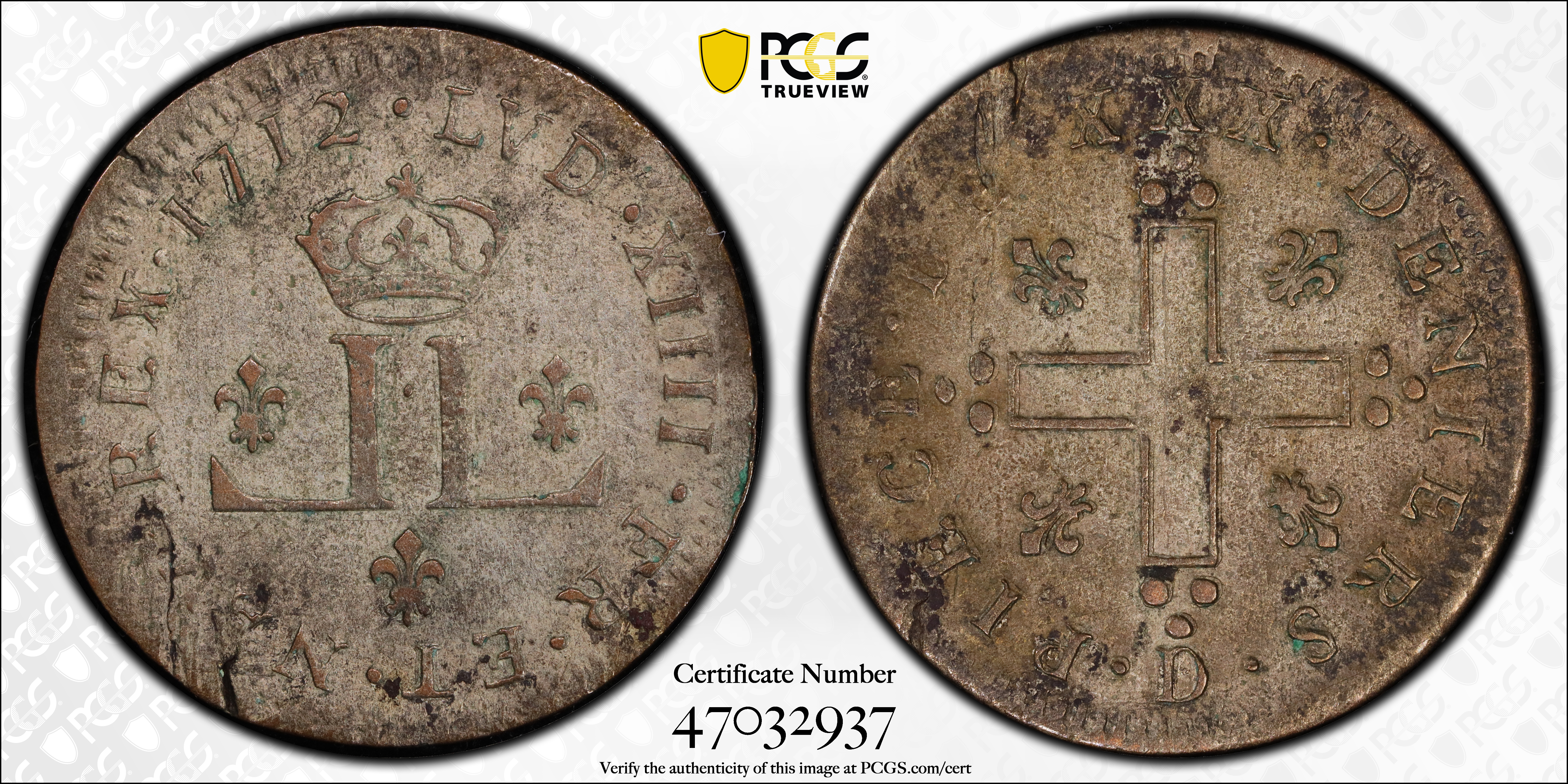 image for: 1712-D 30 Deniers, or Mousquetaire. Lyon Mint. Vlack-5. Rarity-3 (for type). Doubled Die Obverse, Doubled Die Reverse. EF-40 (PCGS).