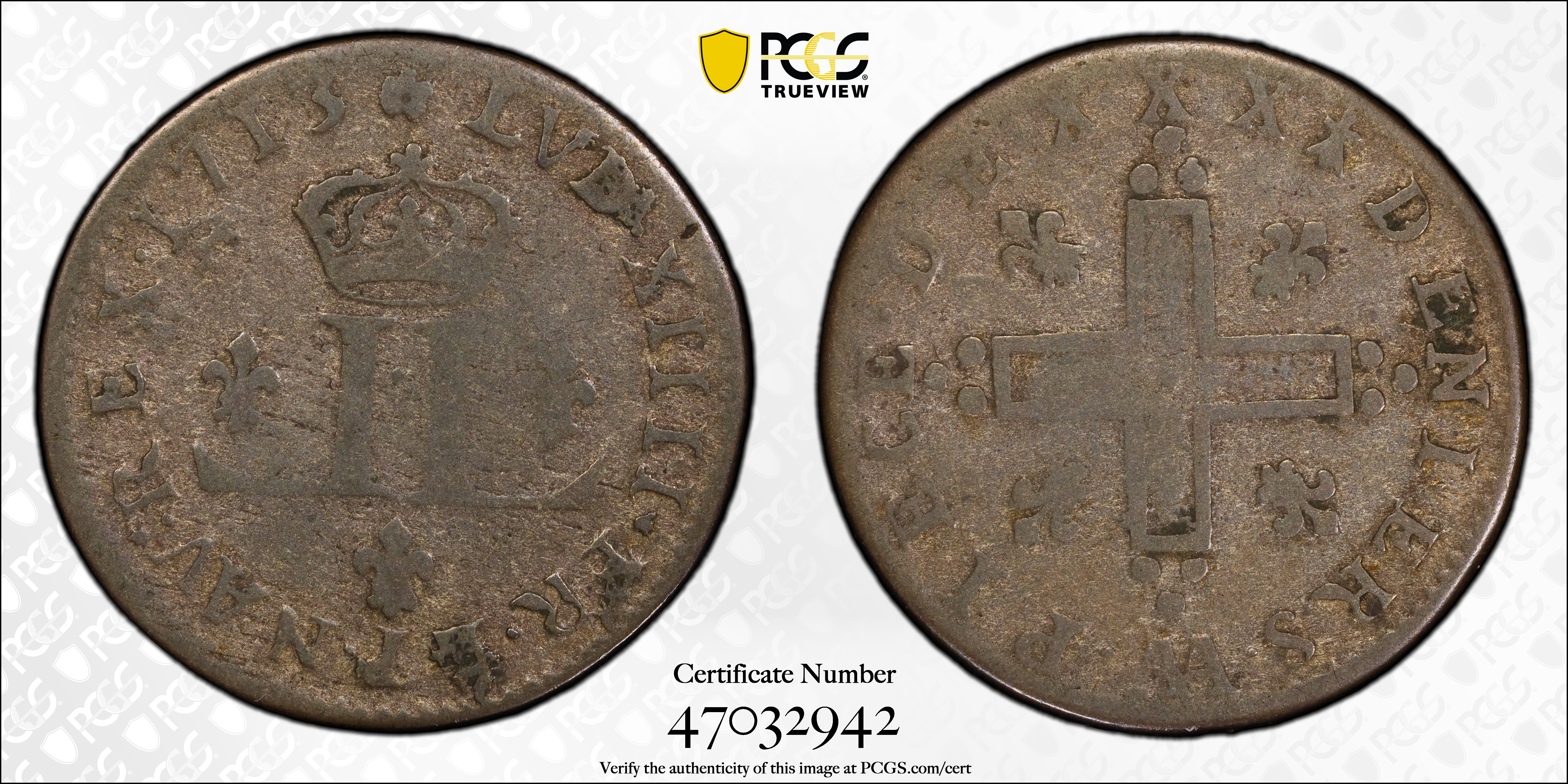 image for: 1713-AA 30 Deniers, or Mousquetaire. Metz Mint. Vlack-11a. Rarity-2. Fine-12 (PCGS).