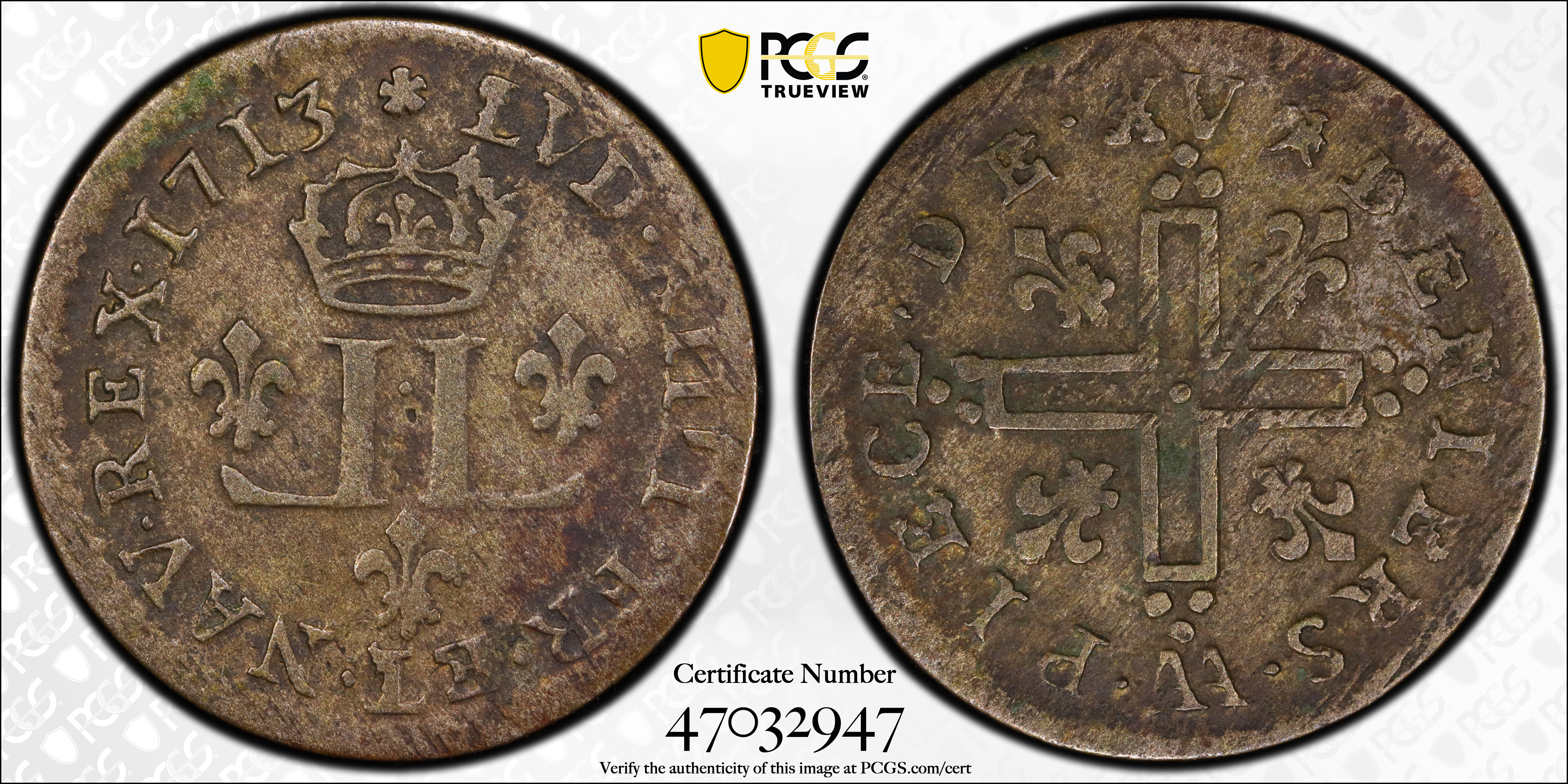image for: 1713-AA 15 Deniers, or Half Mousquetaire. Metz Mint. Vlack-14b. Rarity-2. VF-30 (PCGS).