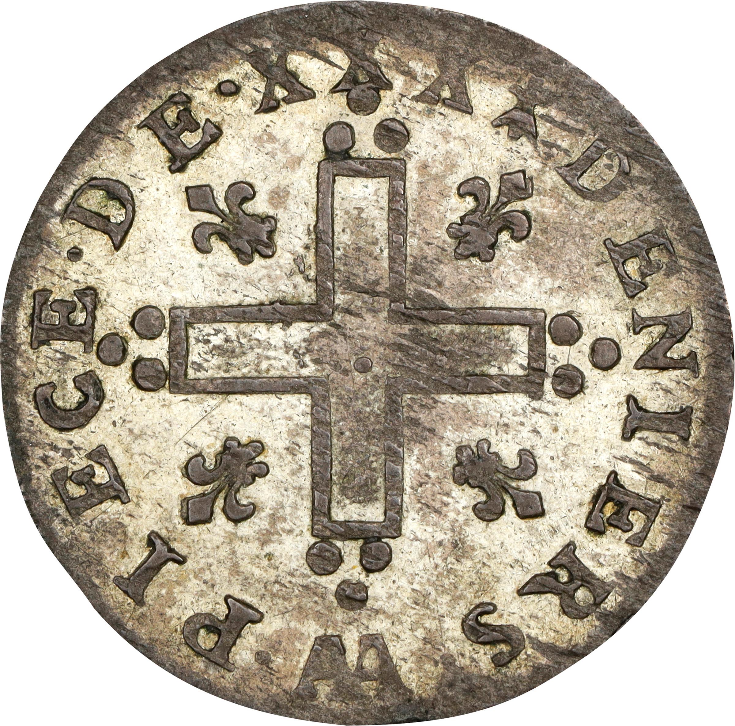 image for: 1713-AA 30 Deniers, or Mousquetaire. Metz Mint. Vlack-11a. Rarity-2. Rose After Date. AU-58 (PCGS).