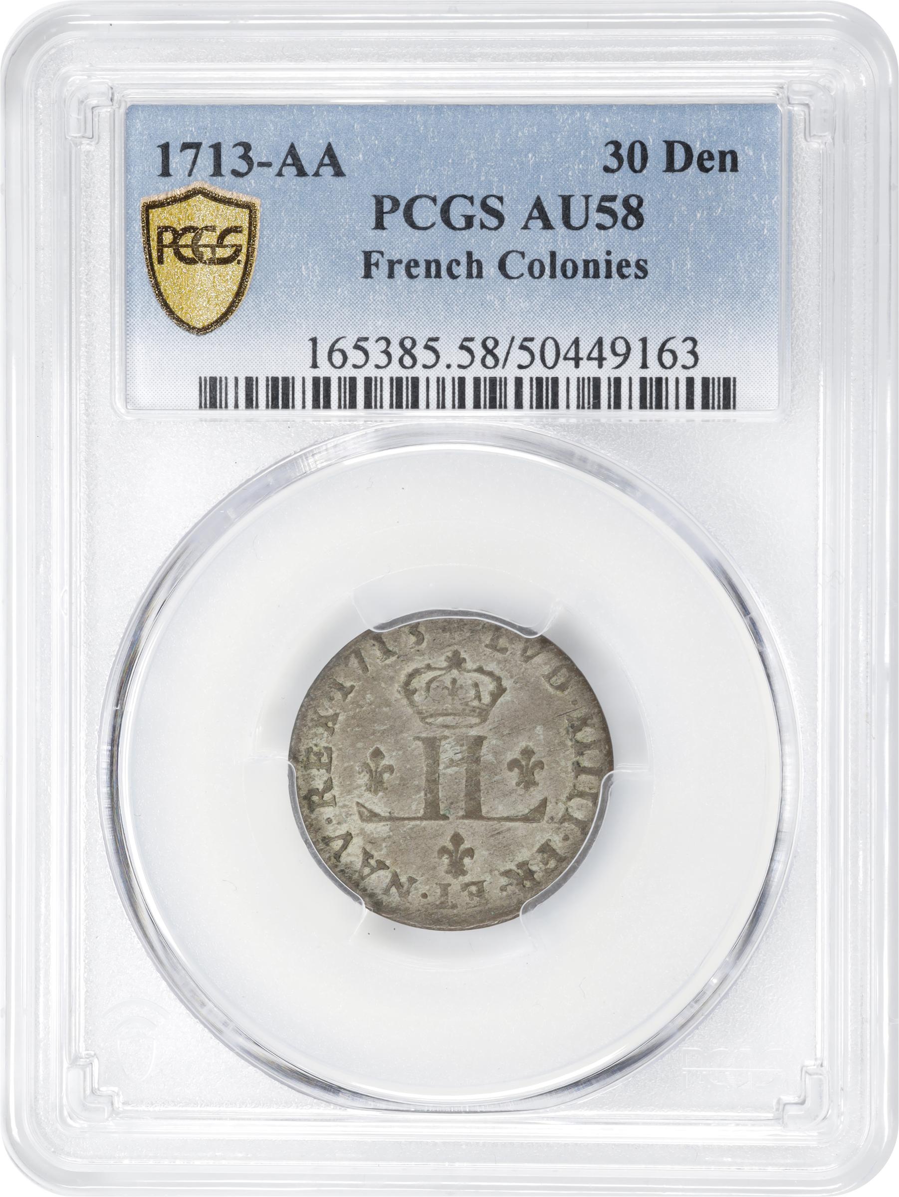 image for: 1713-AA 30 Deniers, or Mousquetaire. Metz Mint. Vlack-11a. Rarity-2. Rose After Date. AU-58 (PCGS).