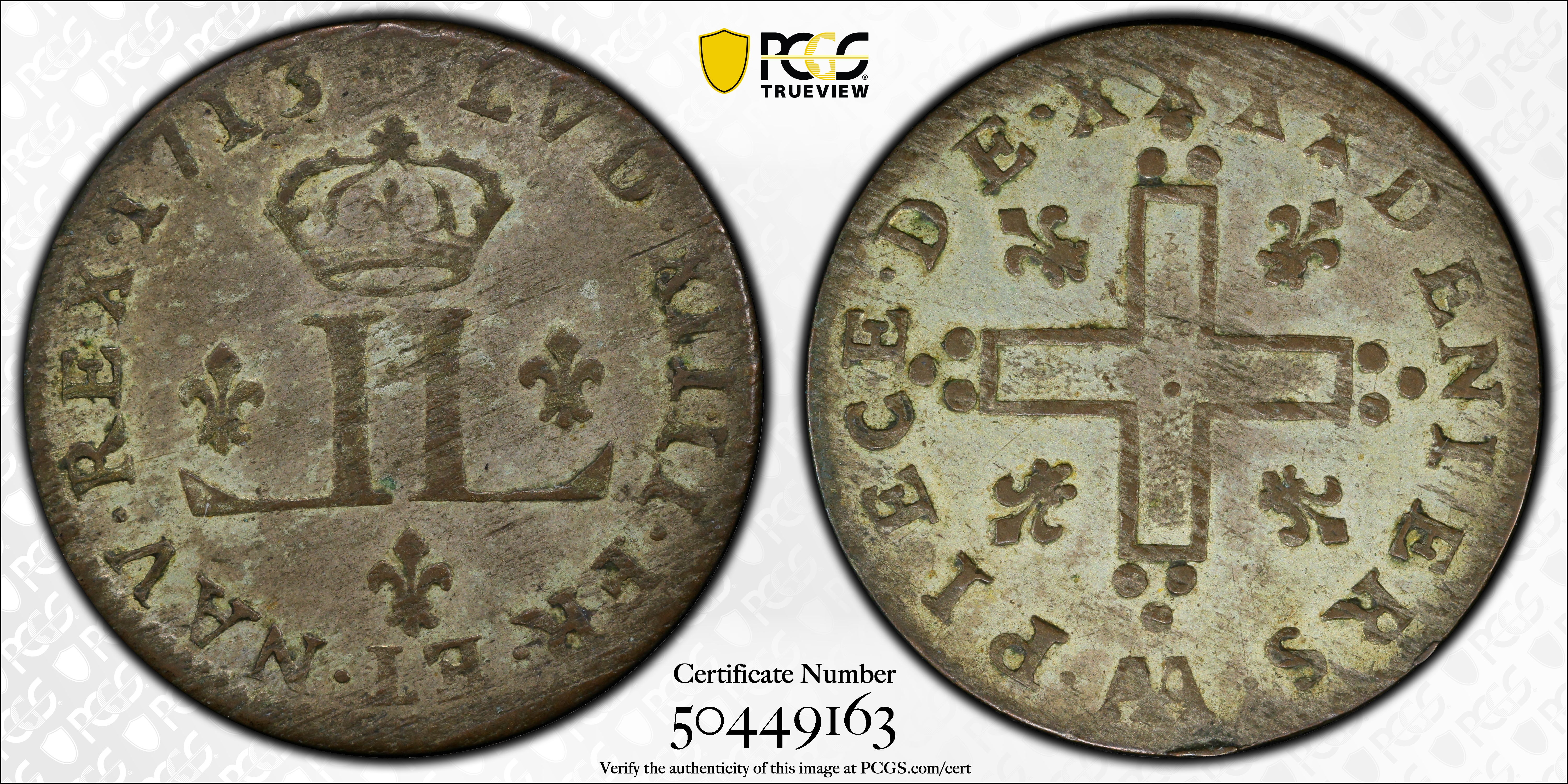 image for: 1713-AA 30 Deniers, or Mousquetaire. Metz Mint. Vlack-11a. Rarity-2. Rose After Date. AU-58 (PCGS).