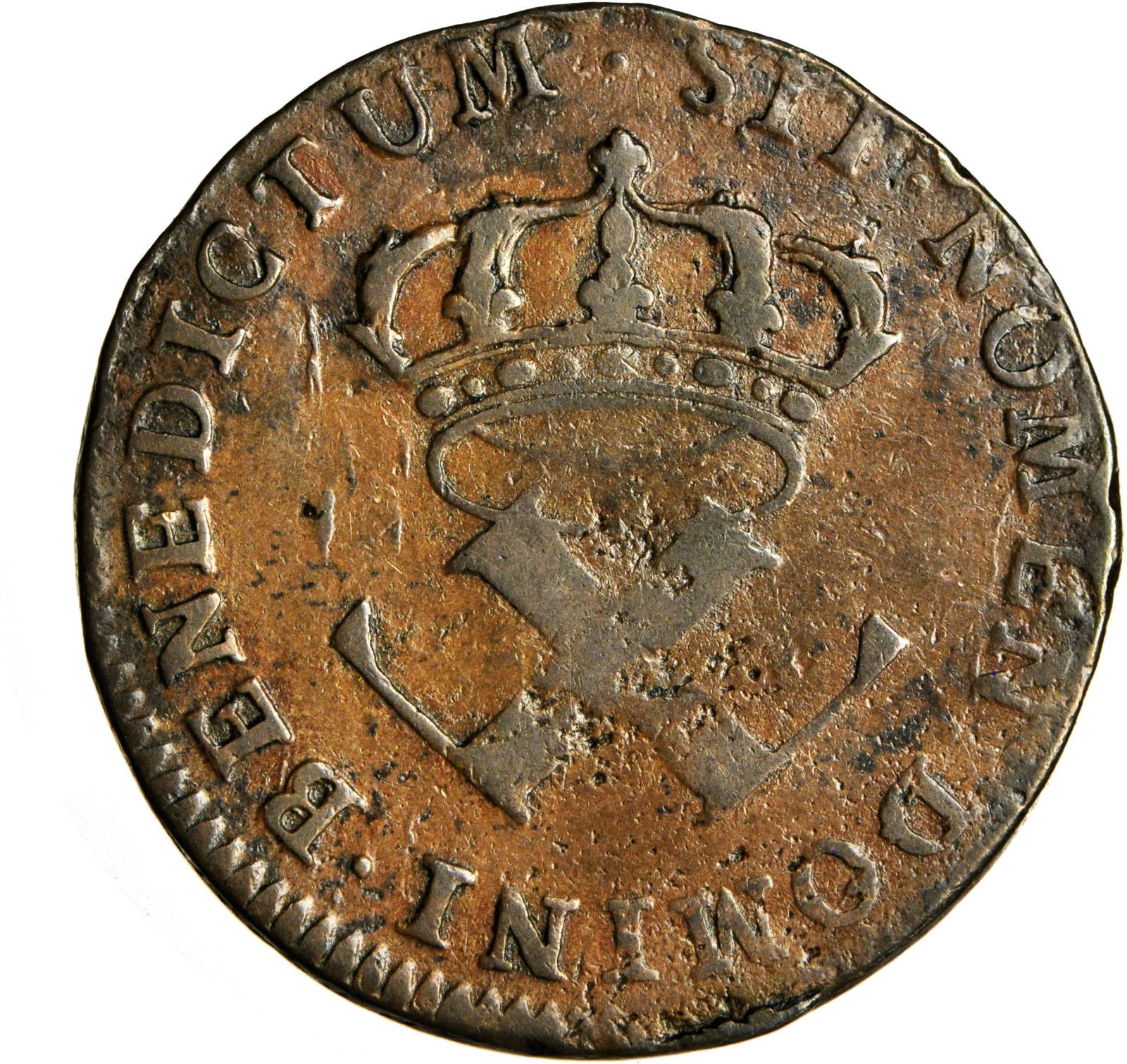 image for: 1721-B French Colonies Sou, or 9 Deniers. Rouen Mint. W-11825. VF-35.